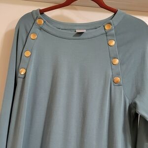 Chicos Top Women's Size L Green Tunic Long Sleeve Pima Faux Metal Button